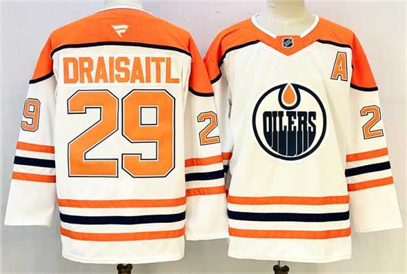 Men%27s Edmonton Oilers #29 Leon Draisaitl White Orange 2024-25 With A Patch Stitched Jersey